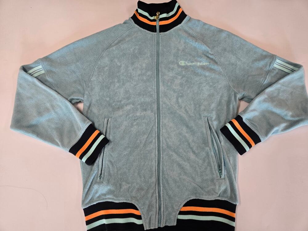 Champion Velour Track Jacket Teal Striped Full Zip Men's Small